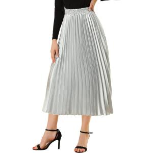 imageAllegra K Women Pleated Skirt Midi Length Elastic High Waisted A Line Metallic Shirring Party SkirtsSilver Tone