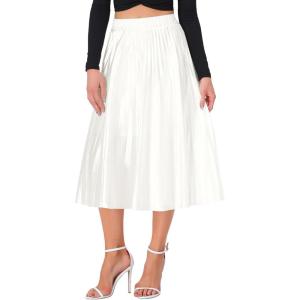 imageAllegra K Women Pleated Skirt Midi Length Elastic High Waisted A Line Metallic Shirring Party SkirtsWhite