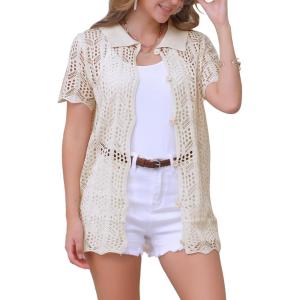 imageAllegra K Womens Beach Cover Up Button Down Short Sleeve Crochet Hollow Out Summer OutfitsApricot