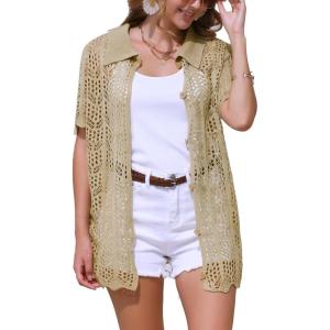 imageAllegra K Womens Beach Cover Up Button Down Short Sleeve Crochet Hollow Out Summer OutfitsKhaki