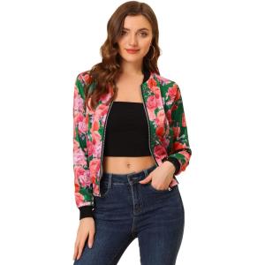 imageAllegra K Womens Bomber Jacket Satin Long Sleeve Zipper Floral Print Casual Fall Coat with Pocket Winter OutwearGreen Pink