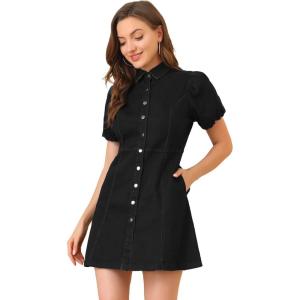 imageAllegra K Womens Denim Dress Button Down Pockets Puff Sleeve Collared Jean DressesBlack
