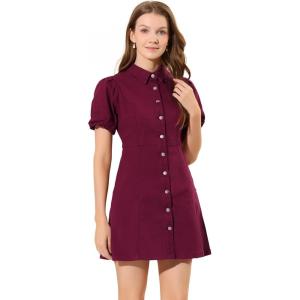 imageAllegra K Womens Denim Dress Button Down Pockets Puff Sleeve Collared Jean DressesBurgundy