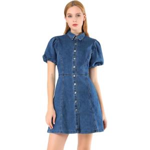 imageAllegra K Womens Denim Dress Button Down Pockets Puff Sleeve Collared Jean DressesDark Blue