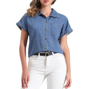 imageAllegra K Womens Denim Shirt Short Sleeve Button Down Classic Jean Shirt Summer TopsBlue