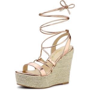 imageAllegra K Womens Espadrilles Platform Wedges Heel Lace Up SandalsRose Gold
