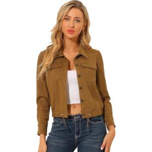 imageAllegra K Womens Faux Suede Jacket Point Collar Button Down Cropped Sanded Moto Biker CoatBrown