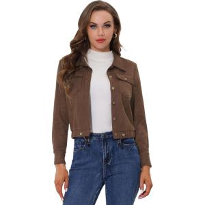 imageAllegra K Womens Faux Suede Jacket Point Collar Button Down Cropped Sanded Moto Biker CoatCoffee