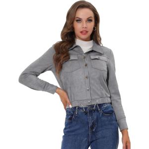 imageAllegra K Womens Faux Suede Jacket Point Collar Button Down Cropped Sanded Moto Biker CoatGrey