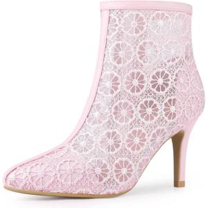 imageAllegra K Womens Floral Embroidered Stiletto Heels Lace Ankle BootsPink