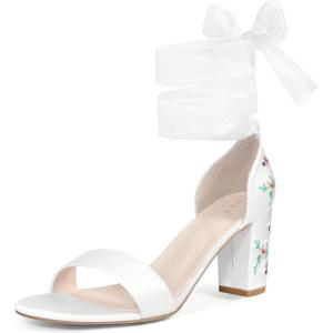 imageAllegra K Womens Floral Heels Satin Lace Up Chunky Heel SandalsWhite