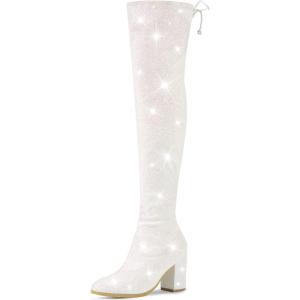 imageAllegra K Womens Glitter Boots Round Toe Chunky Heel Over the Knee High BootsWhite