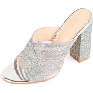 imageAllegra K Womens Glitter Mesh Slip on Chunky Heel Slide SandalsSilver