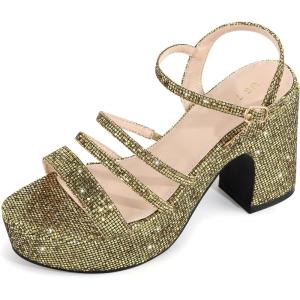 imageAllegra K Womens Glitter Sparkly Strappy Platform Chunky Heels SandalsGlitter Gold