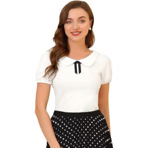 imageAllegra K Womens Peter Pan Collar Shirt Vintage 1950s Solid Short Sleeve BlouseWhite