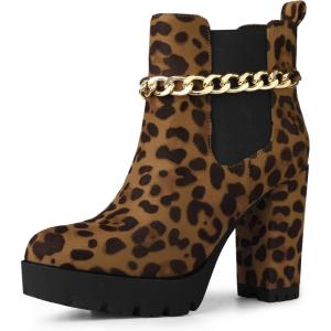 imageAllegra K Womens Platform Gold Chain Chunky High Heel Chelsea Ankle BootsLeopard