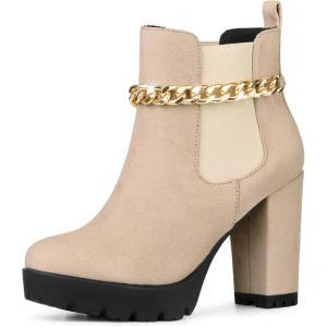 imageAllegra K Womens Platform Gold Chain Chunky High Heel Chelsea Ankle BootsNude