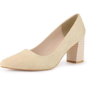 imageAllegra K Womens Pointy Toe Slip on Plaid Printing Closed Toe Dress Shoes Chunky Heel PumpsBeige