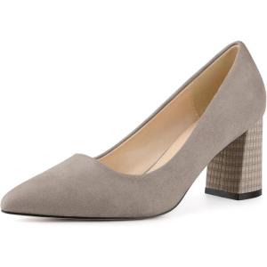 imageAllegra K Womens Pointy Toe Slip on Plaid Printing Closed Toe Dress Shoes Chunky Heel PumpsTaupe
