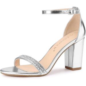 imageAllegra K Womens Rhinestone Ankle Strap Chunky Heels SandalsSilver