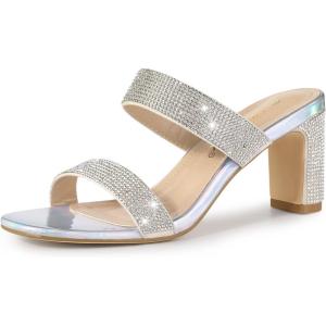 imageAllegra K Womens Rhinestone Chunky Heel Slide Heel SandalsSilver