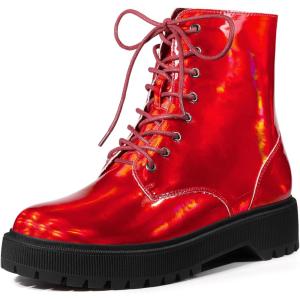 imageAllegra K Womens Round Toe Platform Lace Up Colorful Combat Ankle BootsRed