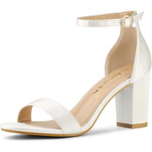 imageAllegra K Womens Satin Open Toe Ankle Strap Chunky Heels SandalsWhite