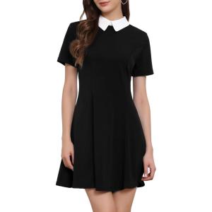 imageAllegra K Womens Short Sleeve Peter Pan Collar Cute Dress Casual Flare Skater Mini Dress Halloween CostumeBlack