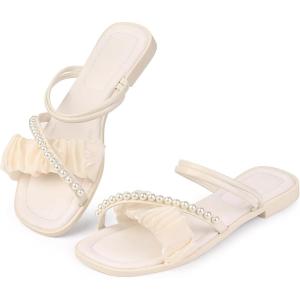 imageAllegra K Womens Strappy Pearl Strap Pleated Flat Slide Sandals