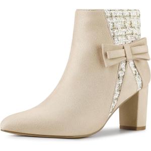 imageAllegra K Womens Tweed Plaid Heels Boot Bow Block Heels Ankle BootsBeige