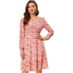 imageAllegra K Womens Valentines Day Floral Print VNeck Dress Smocked Waist Midi DressBeige Pink