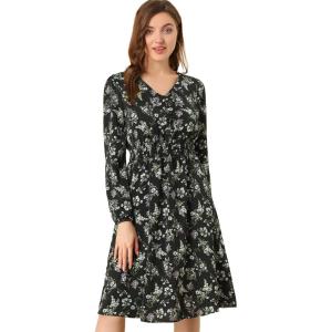 imageAllegra K Womens Valentines Day Floral Print VNeck Dress Smocked Waist Midi DressBlack