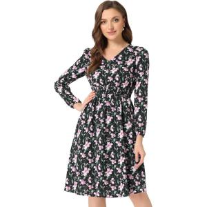 imageAllegra K Womens Valentines Day Floral Print VNeck Dress Smocked Waist Midi DressBlacks