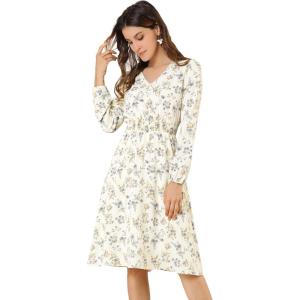 imageAllegra K Womens Valentines Day Floral Print VNeck Dress Smocked Waist Midi DressWhite