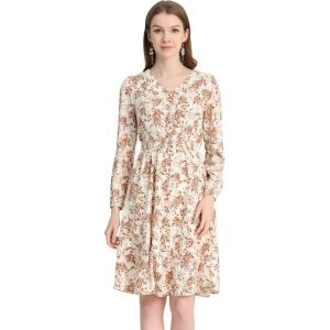 imageAllegra K Womens Valentines Day Floral Print VNeck Dress Smocked Waist Midi DressWhite Orange