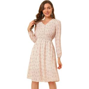 imageAllegra K Womens Valentines Day Floral Print VNeck Dress Smocked Waist Midi DressWhitered Floral