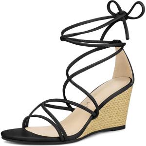 imageAllegra K Womens Wedge Heels Lace Up Strappy Low Wedges SandalsBlack