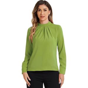 imageAllegra K Work Blouses for Women Stand Collar Long Sleeve Ruched Business Dressy Casual Work Tops ShirtGreen