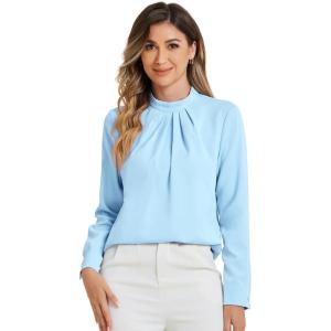 imageAllegra K Work Blouses for Women Stand Collar Long Sleeve Ruched Business Dressy Casual Work Tops ShirtLight Blue