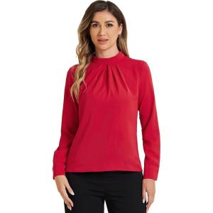 imageAllegra K Work Blouses for Women Stand Collar Long Sleeve Ruched Business Dressy Casual Work Tops ShirtRed