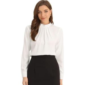 imageAllegra K Work Blouses for Women Stand Collar Long Sleeve Ruched Business Dressy Casual Work Tops ShirtWhite