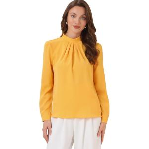 imageAllegra K Work Blouses for Women Stand Collar Long Sleeve Ruched Business Dressy Casual Work Tops ShirtYellow