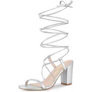 imageAllegra K Womens Strappy One Strap Lace Up Chunky Heels SandalsSilver