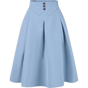 imageAllegra K Casual Office ALine Skirt for Womens Knee Length Button Decor Midi Pleated SkirtsGrey Blue