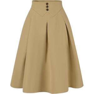 imageAllegra K Casual Office ALine Skirt for Womens Knee Length Button Decor Midi Pleated SkirtsKhaki