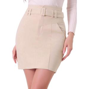 imageAllegra K Faux Suede Skirt for Womens High Waist Casual Belted Pencil SkirtsBeige