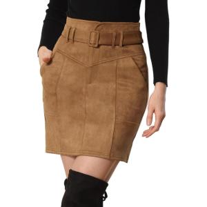 imageAllegra K Faux Suede Skirt for Womens High Waist Casual Belted Pencil SkirtsBrown