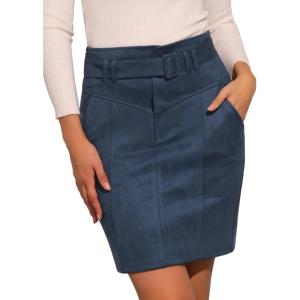 imageAllegra K Faux Suede Skirt for Womens High Waist Casual Belted Pencil SkirtsDark Blue