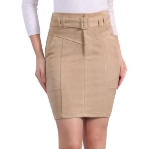 imageAllegra K Faux Suede Skirt for Womens High Waist Casual Belted Pencil SkirtsKhaki
