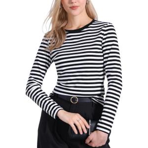 imageAllegra K Striped t Shirts for Women Long Sleeve Tops Crew Neck Fitted Tees Casual Trendy OutfitsBlack White Stripe